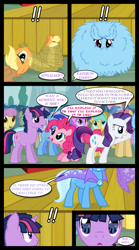 Size: 1280x2300 | Tagged: safe, artist:bigsnusnu, derpibooru import, applejack, dusk shine, pinkie pie, rainbow dash, rarity, trixie, twilight sparkle, unicorn twilight, earth pony, pegasus, pony, unicorn, comic:dusk shine in pursuit of happiness, angry, comic, dialogue, dilated pupils, excessive fluff, exclamation point, female, fluffy, frown, gag, glare, half r63 shipping, lidded eyes, looking at someone, male, mare, on back, open mouth, reflection, rope, rope gag, rule 63, shipping, smiling, speech bubble, stage, stallion, straight, text, tied up, trixshine, twixie, unamused, unicorn dusk shine, worried