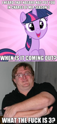 Size: 518x1116 | Tagged: safe, derpibooru import, twilight sparkle, unicorn twilight, human, pony, unicorn, season 3, crossed arms, female, gabe newell, glasses, irl, irl human, male, mare, photo, sunburst background, valve logic, vulgar, worth the weight