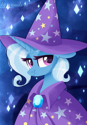 Size: 899x1300 | Tagged: safe, artist:sonnatora, derpibooru import, trixie, pony, unicorn, cape, clothes, female, hat, lidded eyes, looking at you, mare, simple background, smiling, solo, trixie's cape, trixie's hat