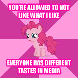 Size: 600x600 | Tagged: safe, pinkie pie, earth pony, pony, female, filly, foal, image macro, pink coat, pink mane, pink tail