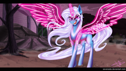 Size: 1920x1080 | Tagged: safe, artist:sevenada, derpibooru import, trixie, pony, artificial wings, augmented, grin, magic, magic wings, solo, wings