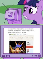 Size: 563x771 | Tagged: safe, derpibooru import, twilight sparkle, pony, exploitable meme, irony, kickstarter, meme, tv meme, wat