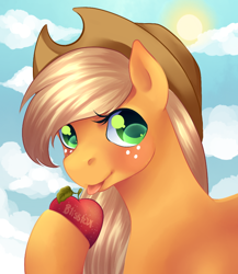 Size: 594x684 | Tagged: safe, artist:blisstox, applejack, earth pony, pony, apple, food, obligatory apple, solo, sun, tongue out