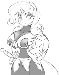 Size: 710x897 | Tagged: safe, artist:zev, derpibooru import, trixie, anthro, armor, breasts, female, grayscale, monochrome, solo, titsie