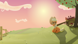 Size: 2560x1440 | Tagged: safe, artist:regolithx, applejack, earth pony, pony, cart, fence, sitting, solo, tired, tree, wallpaper