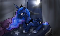 Size: 1150x700 | Tagged: safe, artist:shimazun, princess luna, alicorn, pony, crying, moon, night, night sky, solo