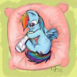 Size: 929x934 | Tagged: dead source, safe, artist:tkc, rainbow dash, pegasus, pony, baby bottle, female, filly, pillow