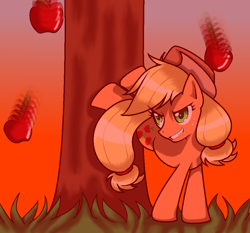 Size: 998x932 | Tagged: safe, artist:bluiceyy, applejack, earth pony, pony, apple, applebucking, applejack mid tree-buck facing the right with 3 apples falling down, applejack mid tree-buck with 3 apples falling down, falling, food, solo