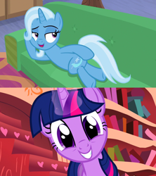 Size: 1280x1440 | Tagged: safe, derpibooru import, edit, edited screencap, screencap, trixie, twilight sparkle, pony, unicorn, look before you sleep, road to friendship, draw me like one of your french girls, female, golden oaks library, lesbian, mare, shipping, sofa, twixie