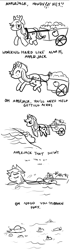 Size: 637x2248 | Tagged: safe, artist:derples, applejack, earth pony, pony, apple, bubble, comic, drowning, female, food, implied death, mare, monochrome, oregon trail, stubborn, too dumb to live, water