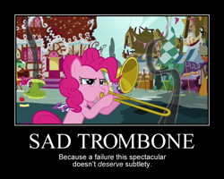 Size: 750x600 | Tagged: safe, derpibooru import, screencap, applejack, fluttershy, pinkie pie, twilight sparkle, earth pony, pegasus, pony, swarm of the century, demotivational poster, meme, trombone