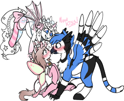 Size: 860x701 | Tagged: safe, artist:askponyren, derpibooru import, oc, oc only, oc:pastel princess, oc:raven tail, oc:sleepy dust, griffon, hippogriff, mothpony, original species, antennae, bluejay griffon, blushing, bow, bridle, clothes, feathered ears, female, flying, griffon oc, hairpin, harness, heart eyes, lace, long tail, mare, moth antenna, now kiss, oc x oc, shipping, short tail, simple background, small wings, stars, stockings, tack, tail bow, thigh highs, transparent background, unibat, unshorn fetlocks, wingding eyes, writing