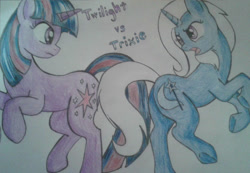 Size: 1024x710 | Tagged: safe, artist:envygirl95, derpibooru import, trixie, twilight sparkle, unicorn twilight, pony, unicorn, colored pencil drawing, duo, female, mare, rearing, traditional art, underhoof