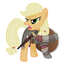 Size: 4500x4556 | Tagged: safe, artist:shadowdark3, applejack, earth pony, pony, absurd resolution, boromir, cosplay, hatless, lord of the rings, missing accessory, pointing, shield, simple background, solo, sword, transparent background, vector, weapon