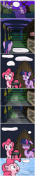 Size: 1300x6510 | Tagged: safe, artist:photonicsoup, derpibooru import, pinkie pie, twilight sparkle, earth pony, pony, caution sign, comic, laser, laser pointer, pinkie logic, powerpoint, projector, ruse