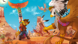 Size: 1600x905 | Tagged: safe, artist:foxinshadow, derpibooru import, oc, oc only, oc:charlene, griffon, belt, clothes, commission, cowboy hat, flying, food chain, griffon oc, griffons doing griffon things, hat, native american, pants, predator, prey, spear, stake, tape, tomahawk, totem, totem pole, weapon, western