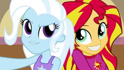 Size: 1280x720 | Tagged: safe, artist:hakunohamikage, derpibooru import, sunset shimmer, trixie, equestria girls, rainbow rocks, clothes, cute, diatrixes, pajamas, portrait, selfie, shimmerbetes, slumber party, smiling, vector, wallpaper