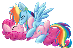 Size: 1280x846 | Tagged: safe, artist:stratustrot, pinkie pie, rainbow dash, earth pony, pegasus, pony, eyes closed, female, lesbian, pinkiedash, shipping