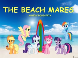 Size: 1400x1050 | Tagged: safe, derpibooru import, applejack, fluttershy, pinkie pie, rainbow dash, rarity, twilight sparkle, earth pony, pegasus, pony, unicorn, album cover, beach, surfboard, the beach boys