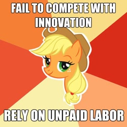 Size: 600x600 | Tagged: safe, applejack, earth pony, pony, the super speedy cider squeezy 6000, advice meme, debate in the comments, female, mare, meta, slavery, solo