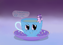 Size: 1419x1012 | Tagged: safe, artist:ultrathehedgetoaster, derpibooru import, starlight glimmer, trixie, pony, blushing, coaster, cup, dialogue, gradient background, inanimate tf, smiling, teacup, that pony sure does love teacups, transformation, trixie teacup, wet mane