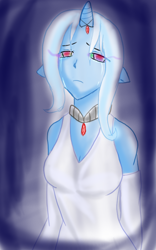 Size: 500x800 | Tagged: safe, artist:sakura-wind, derpibooru import, trixie, anthro, alicorn amulet, crying, dark magic, glowing eyes, human facial structure, magic, necklace, sad, solo