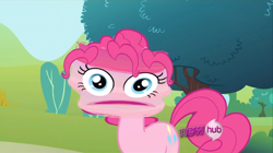 Size: 1280x719 | Tagged: safe, screencap, pinkie pie, earth pony, pony, putting your hoof down, faic, great moments in animation, hub logo, smear frame, wat