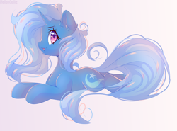 Size: 3450x2550 | Tagged: safe, artist:melloncollie-chan, derpibooru import, trixie, pony, unicorn, female, gradient background, mare, prone, smiling, solo