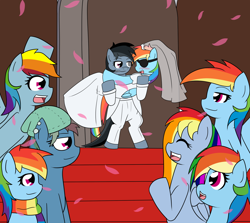 Size: 2000x1783 | Tagged: safe, artist:jake heritagu, rainbow dash, pegasus, pony, clothes, dashdash, dead rainbow dash, deadpirate, dress, eyepatch, female, lesbian, marriage, pirate dash, scarf, selfcest, shipping, wedding, wedding dress