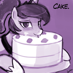 Size: 750x750 | Tagged: safe, artist:lumineko, princess luna, alicorn, pony, cake, dialogue, dreamluna, female, licking, looking at you, mare, solo, tongue out