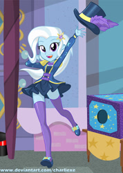 Size: 552x776 | Tagged: safe, artist:charliexe, derpibooru import, trixie, equestria girls, equestria girls series, street magic with trixie, spoiler:eqg series (season 2), arm behind head, barrette, beautiful, clothes, cute, diatrixes, dress, epaulettes, female, hairclip, hairpin, hat, high heels, legs, looking at you, minidress, miniskirt, open mouth, outdoors, paraskirt, shoes, skirt, socks, solo, thigh highs, top hat, zettai ryouiki