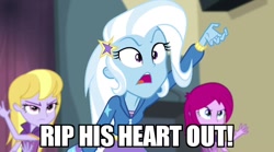 Size: 640x357 | Tagged: safe, derpibooru import, edit, edited screencap, screencap, fuchsia blush, lavender lace, trixie, equestria girls, caption, image macro, meme, text, trixie yells at everything