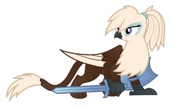 Size: 3000x1895 | Tagged: safe, artist:rish--loo, derpibooru import, oc, oc only, oc:gwynn, griffon, feather, female, griffon oc, ponytail, shield, simple background, solo, sword, transparent background, vector, weapon, wings