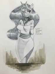 Size: 1280x1707 | Tagged: safe, artist:kevinsano, princess luna, anthro, :p, bedroom eyes, breasts, clothes, dress, female, hair over one eye, inktober, monochrome, princess balloona, smiling, solo, teasing, tongue out, traditional art