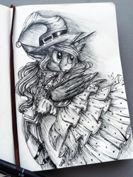 Size: 720x960 | Tagged: safe, artist:karmamoonshadow, princess luna, alicorn, pony, clothes, dress, hat, inktober, monochrome, solo, traditional art, witch hat