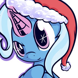 Size: 1280x1280 | Tagged: safe, artist:magician-horse, derpibooru import, trixie, pony, unicorn, christmas, cute, diatrixes, female, glowing horn, hat, holiday, looking at you, mare, santa hat, simple background, solo, starry eyes, white background, wingding eyes