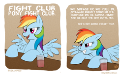 Size: 1000x618 | Tagged: safe, artist:rollingrabbit, applejack, rainbow dash, earth pony, pegasus, pony, bar, bridesmaids, female, fight club, glass, mare, parody, quote, scene interpretation, solo