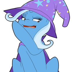 Size: 1280x1280 | Tagged: safe, artist:bennimarru, derpibooru import, trixie, pony, cape, clothes, flat colors, hat, open mouth, raised eyebrow, simple background, sitting, sneer, solo, transparent background, trixie's cape, trixie's hat