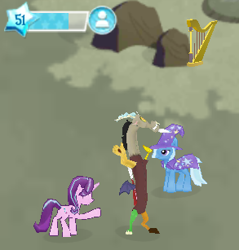 Size: 293x307 | Tagged: safe, derpibooru import, discord, starlight glimmer, trixie, draconequus, pony, unicorn, female, game screencap, gameloft, gameloft shenanigans, harp, hat, hooves, horn, horns, male, mare, musical instrument, rock, trio