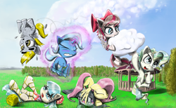 Size: 3000x1843 | Tagged: safe, artist:chopsticks, derpibooru import, angel wings, coco pommel, derpy hooves, fluttershy, marble pie, trixie, vapor trail, pegasus, pony, accessories, adorable distress, bow, chopsticks is trying to murder us, cloud, cocobetes, crying, cute, dawwww, derpabetes, despair, diatrixes, diawinges, entangled, feather, female, filly, flying, gazebo, gritted teeth, hair bow, hiding, levitation, magic, marblebetes, mare, nom, sad, self-levitation, shyabetes, silly, silly pony, sky, sleeping, smiling, tangled up, telekinesis, the council of shy ponies, upside down, vaporbetes, weapons-grade cute, yarn, yarn ball, younger