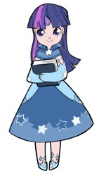 Size: 424x700 | Tagged: safe, artist:cubewatermelon, derpibooru import, twilight sparkle, book, clothes, dress, gala dress, horned humanization, humanized, solo