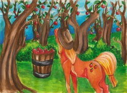 Size: 2230x1645 | Tagged: safe, artist:craqui, applejack, earth pony, horse, pony, apple, food, solo, traditional art, tree