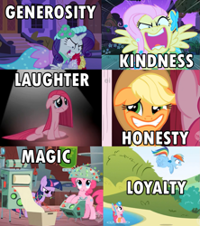 Size: 831x934 | Tagged: safe, derpibooru import, applejack, fluttershy, pinkie pie, rainbow dash, rarity, twilight sparkle, earth pony, pegasus, pony, unicorn, caption, cutie mark failure insanity syndrome, ei, element of laughter, element of magic, elements of harmony, elements of irony, failure, generosity, honesty, hub logo, insane troll logic, irony, kindness, loyalty, mane six, pinkamena diane pie