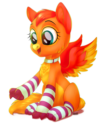 Size: 2431x2773 | Tagged: safe, artist:moonhoek, derpibooru import, oc, oc only, oc:amber wing, griffon, clothes, collar, cute, griffon oc, rcf community, simple background, sitting, socks, solo, striped socks, white background