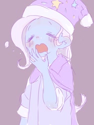 Size: 768x1024 | Tagged: safe, artist:p3e3c, derpibooru import, trixie, equestria girls, blushing, clothes, eyes closed, gray background, hat, open mouth, purple background, simple background, solo, stars, tired, yawn