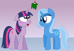 Size: 1034x720 | Tagged: safe, artist:stacyisback, derpibooru import, trixie, twilight sparkle, pony, unicorn, blushing, female, lesbian, mare, mistletoe, shipping, twixie