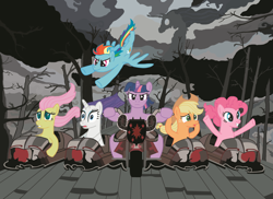 Size: 3496x2552 | Tagged: safe, artist:neodabig, derpibooru import, applejack, fluttershy, pinkie pie, rainbow dash, rarity, twilight sparkle, earth pony, pegasus, pony, unicorn, crossover, high res, mane six, metalocalypse, parody