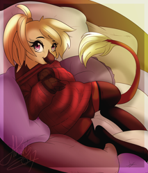 Size: 2848x3347 | Tagged: safe, artist:fatcakes, derpibooru import, oc, oc only, oc:gwynn, griffon, clothes, cushion, female, griffon oc, looking at you, lying down, on side, panties, pillow, reclining, ribbed sweater, solo, stockings, sweater, thigh highs, underwear, ych result