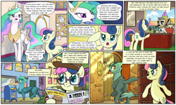 Size: 1920x1149 | Tagged: safe, artist:pencils, derpibooru import, bon bon, princess celestia, sweetie drops, oc, oc:glenda gullwind, alicorn, earth pony, griffon, pony, comic:sunbutt sunday, bepis, cigar, clothes, coat, comic, crown, desk, dialogue, exclamation point, female, glasses, griffon oc, grin, hat, hoof hold, horseshoes, interrobang, j. jonah jameson, jewelry, looking back, magazine, mare, mouth hold, open mouth, paws, peytral, question mark, regalia, salute, secret agent sweetie drops, smiling, speech bubble, written equestrian