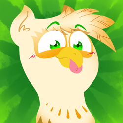 Size: 550x550 | Tagged: safe, artist:alittleofsomething, derpibooru import, oc, oc only, oc:ember burd, griffon, :p, bust, commission, eared griffon, griffon oc, lineless, male, portrait, silly, solo, sunburst background, tongue out